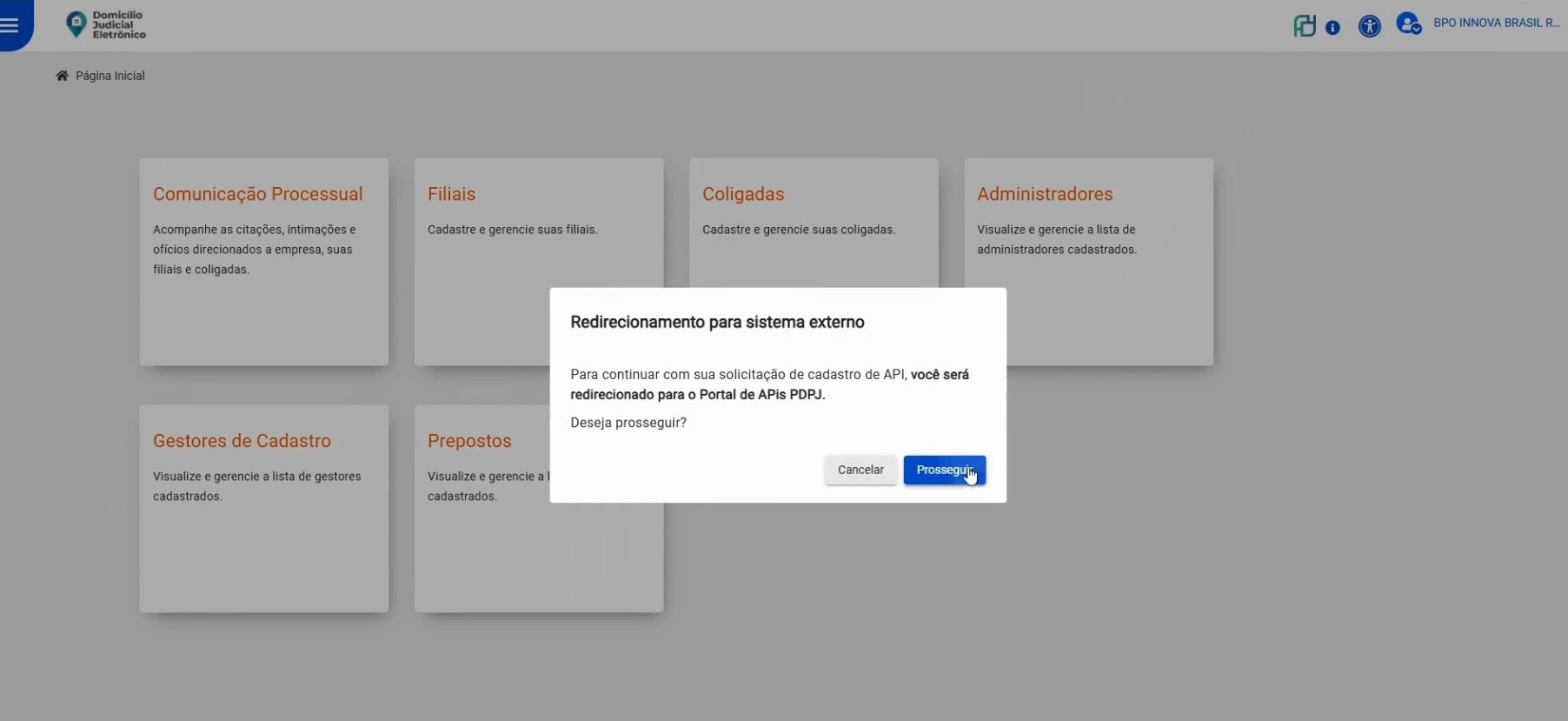Tela de Gerenciamento de Credenciais - Prosseguir